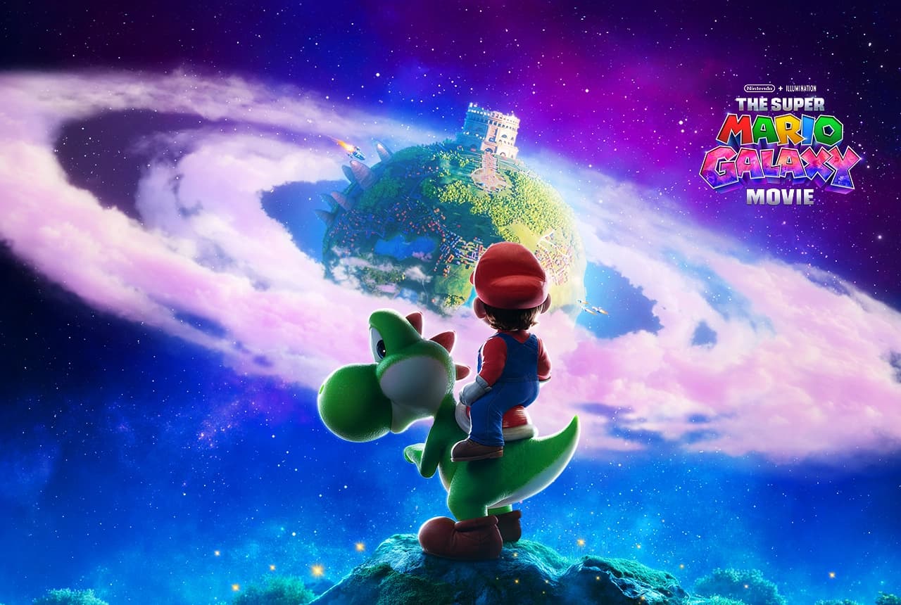Mario e Yoshi observam um planeta colorido no espaço, com céu estrelado e logo do filme ao fundo.