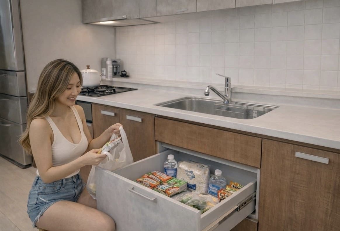 Uma jovem de regata branca e shorts jeans, sentada no chão, organiza as compras em uma gaveta aberta em uma cozinha moderna.
