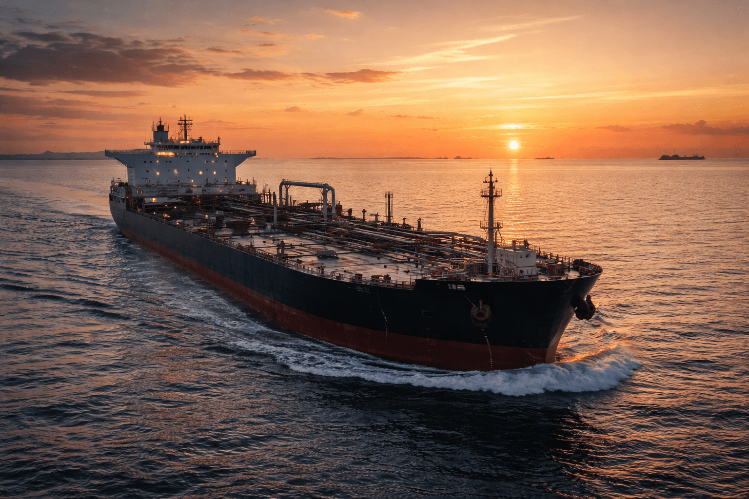 Navio petroleiro em alto-mar ao entardecer, simbolizando o fluxo global de petróleo após trégua no Oriente Médio.
