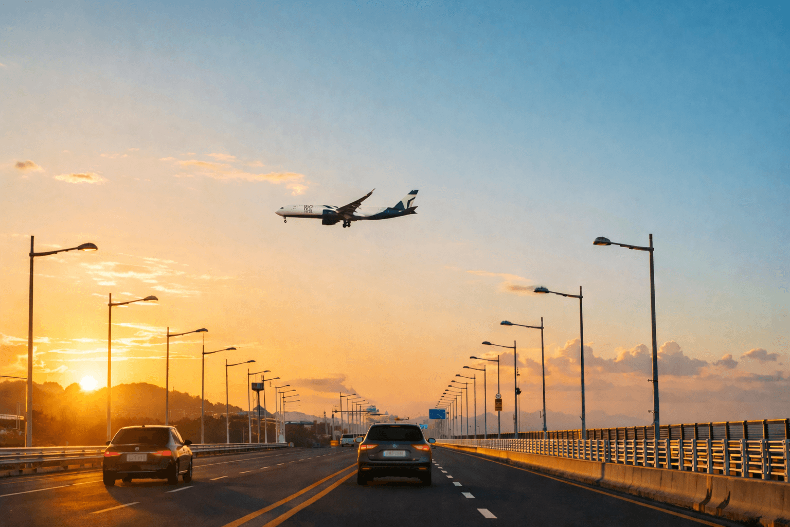 Rodovia ao amanhecer com carros em movimento e um avião sobrevoando ao fundo, sob luz dourada do nascer do sol, transmitindo sensação de viagem e deslocamento