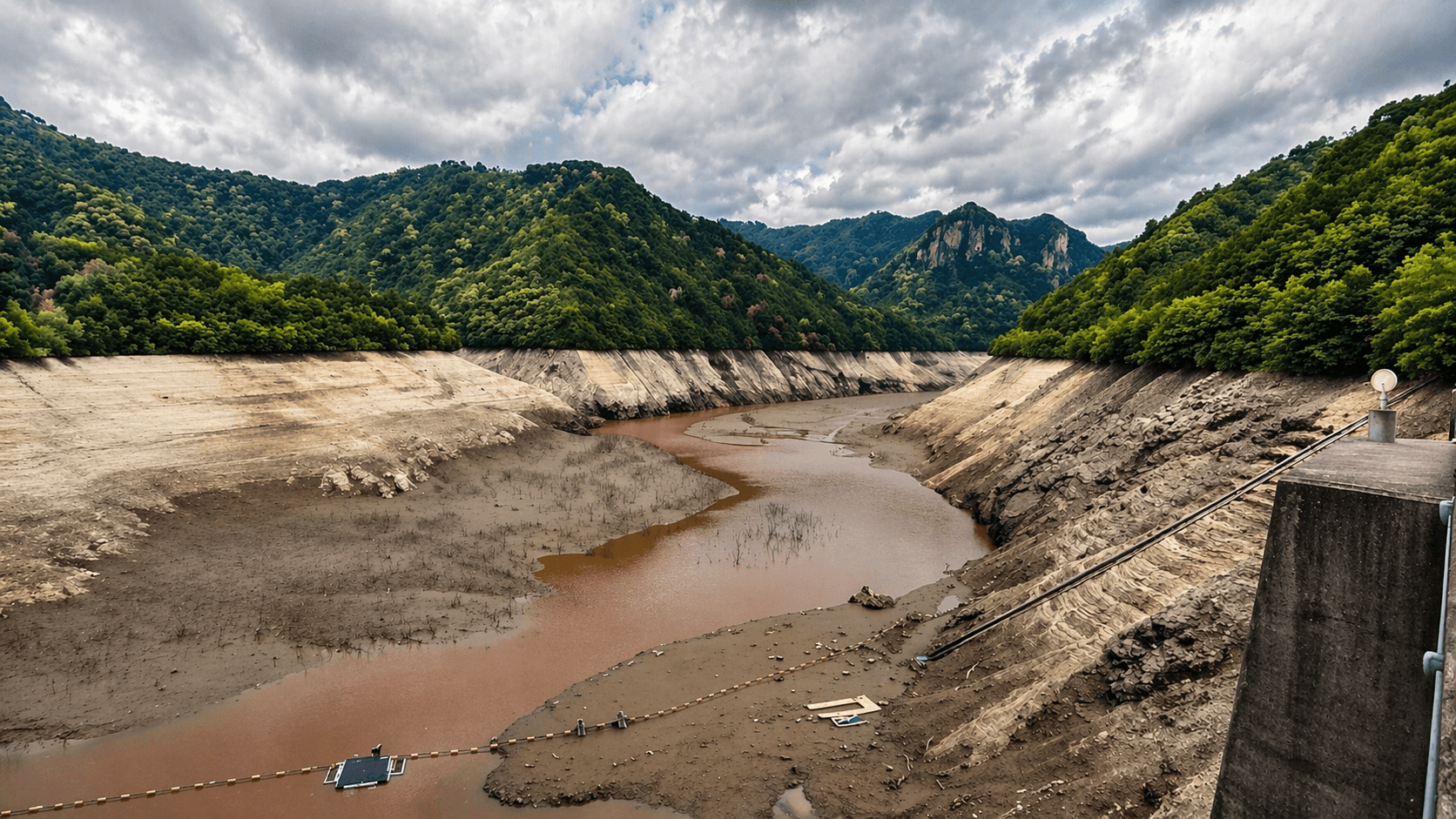 magem mostra represa em Aichi com nível de água drasticamente reduzido durante período de seca, com leito exposto e baixa presença de água.