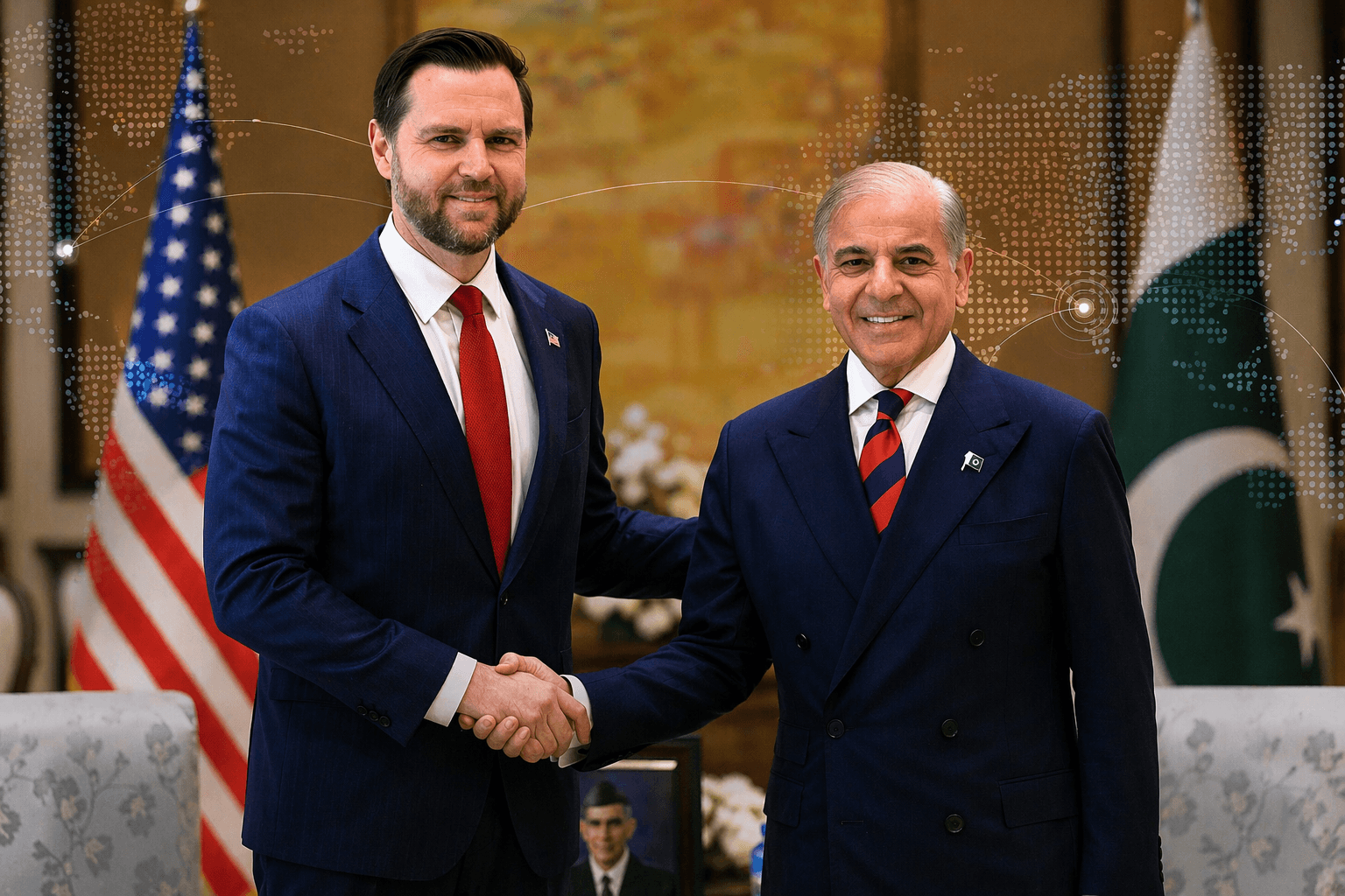 epresentantes dos EUA e Paquistão se cumprimentam em reunião diplomática com mapa global ao fundo