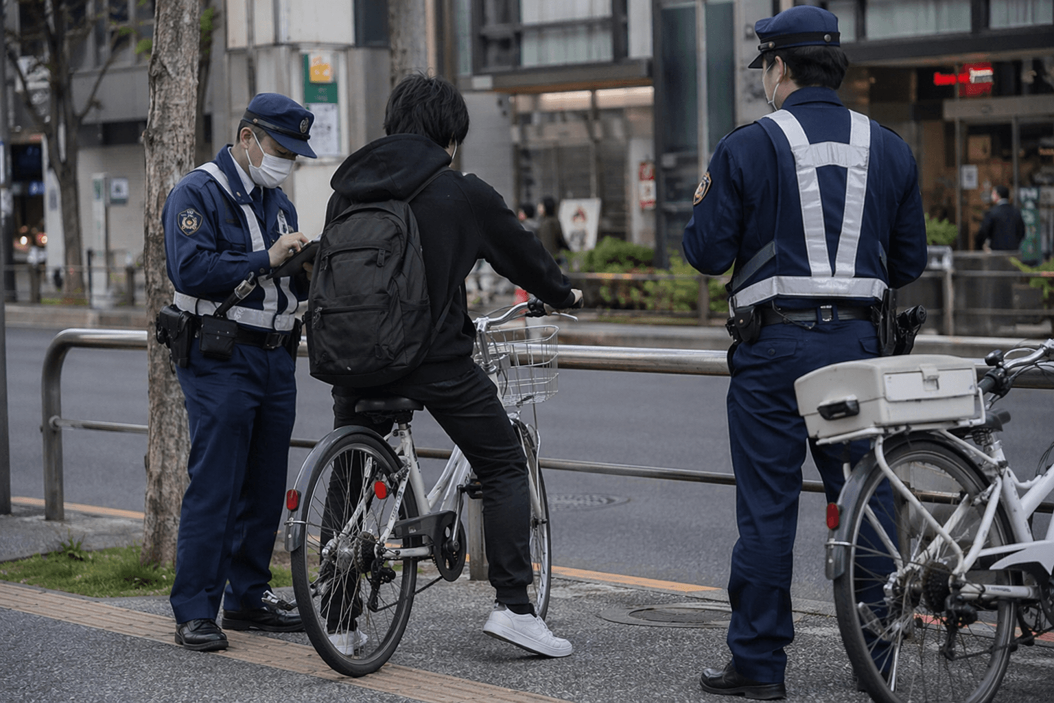 Policiais japoneses abordam ciclista em rua urbana durante fiscalização de trânsito, em cenário cotidiano no Japão.