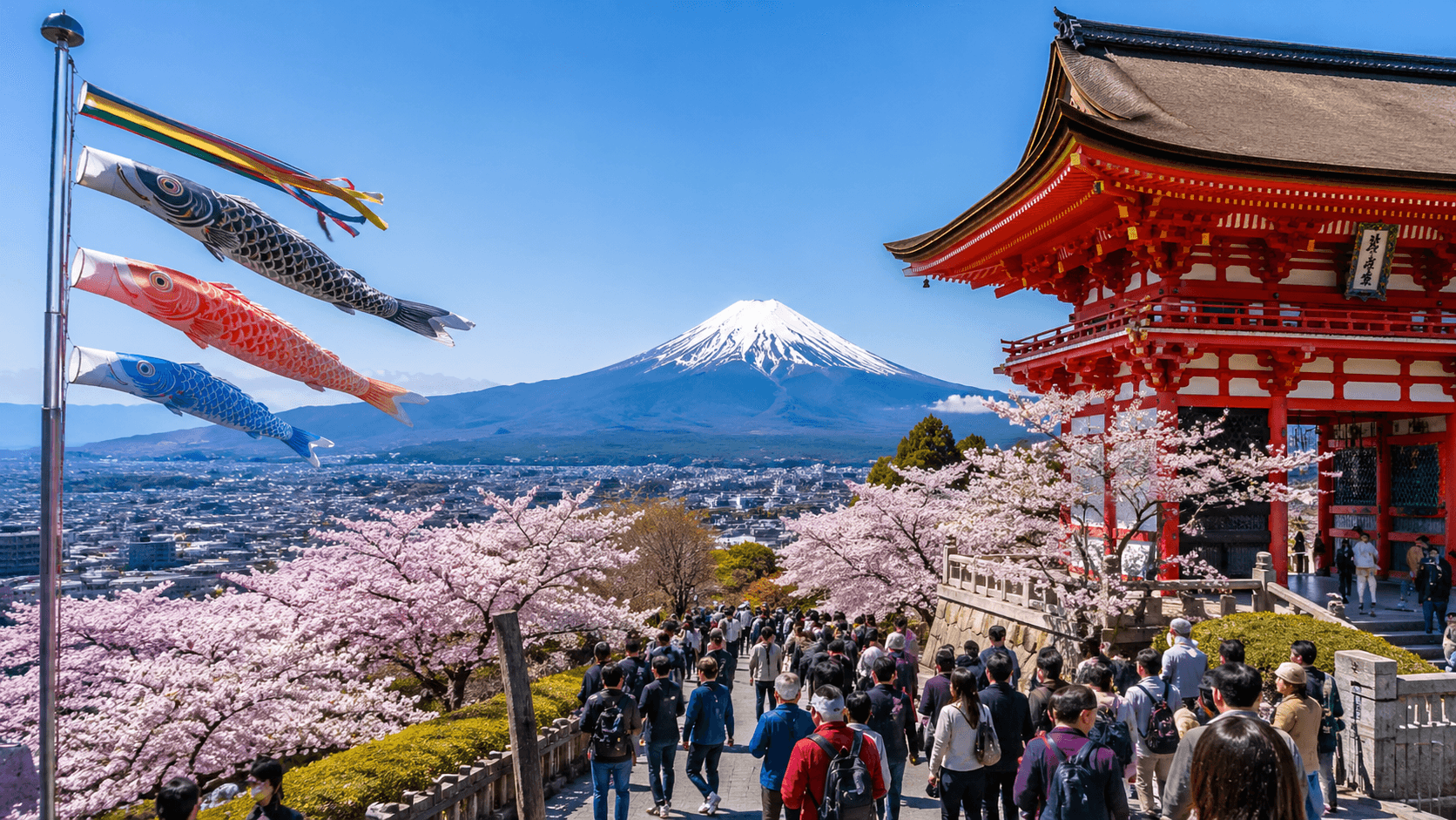 Multidão caminha por templo japonês durante a Golden Week, com cerejeiras floridas, bandeiras koinobori e o Monte Fuji ao fundo sob céu claro