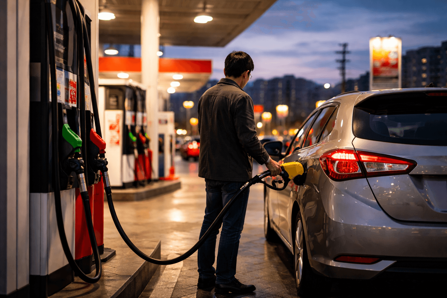 Posto no Japão ao entardecer com carro sendo abastecido em cena urbana cotidiana.